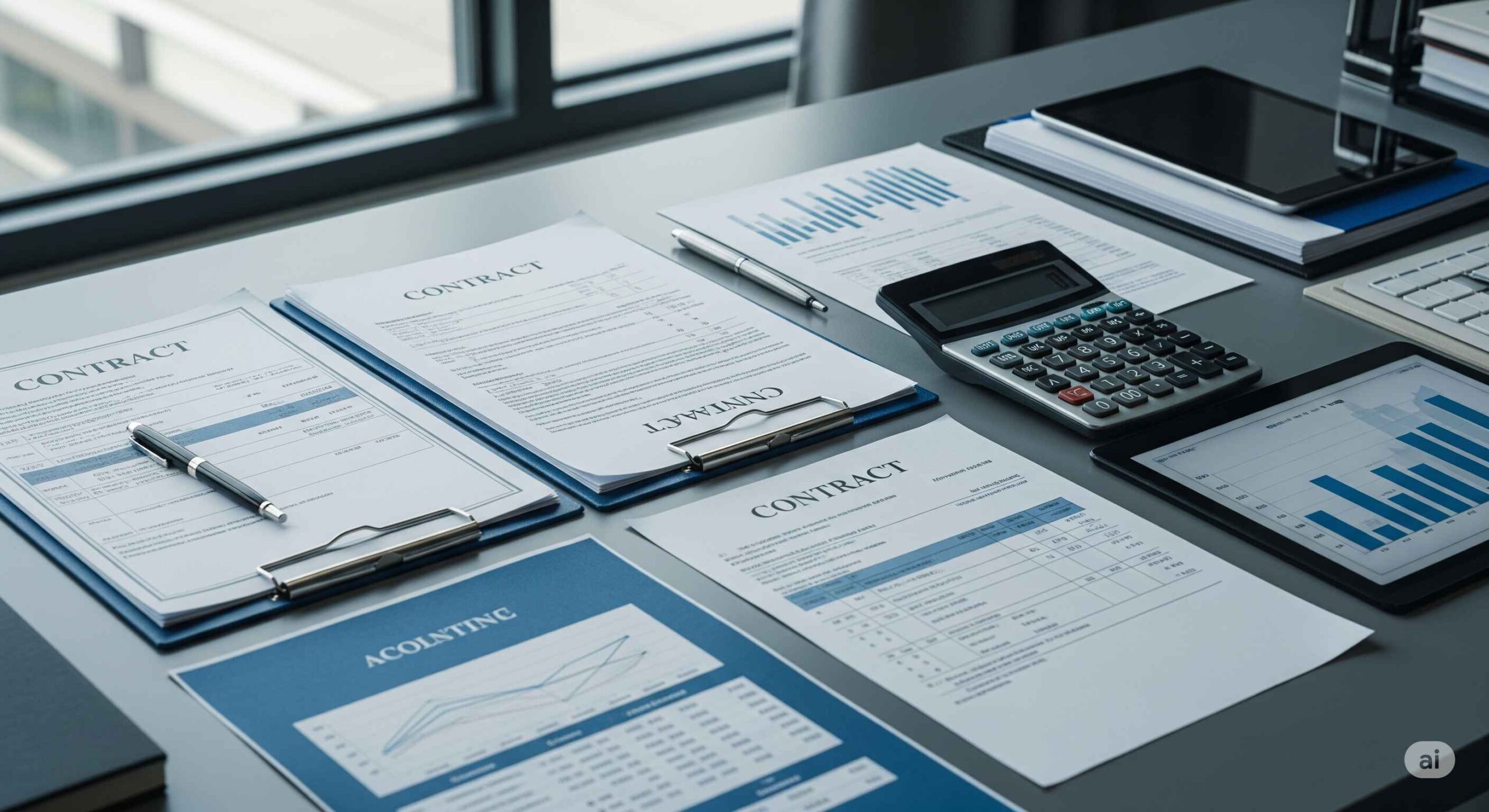 Creare un'immagine professionale che rappresenti documenti legali e contabili su una scrivania moderna, con tonalità blu e grigio, calcolatrice e grafici finanziari, atmosfera di consulenza aziendale e diritto tributario, illuminazione naturale da finestra, stile fotografico corporate