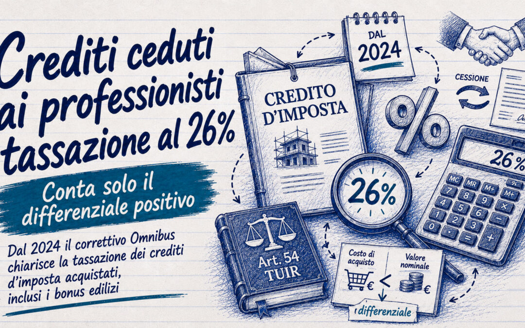 Acquisto crediti d’imposta professionisti: tassa al 26% sul solo differenziale