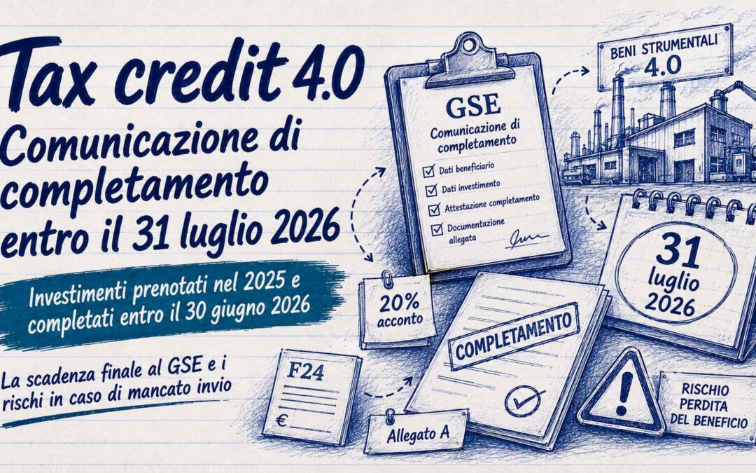 Scadenza credito di imposta 4.0, comunicazione di completamento entro il 31 luglio 2026